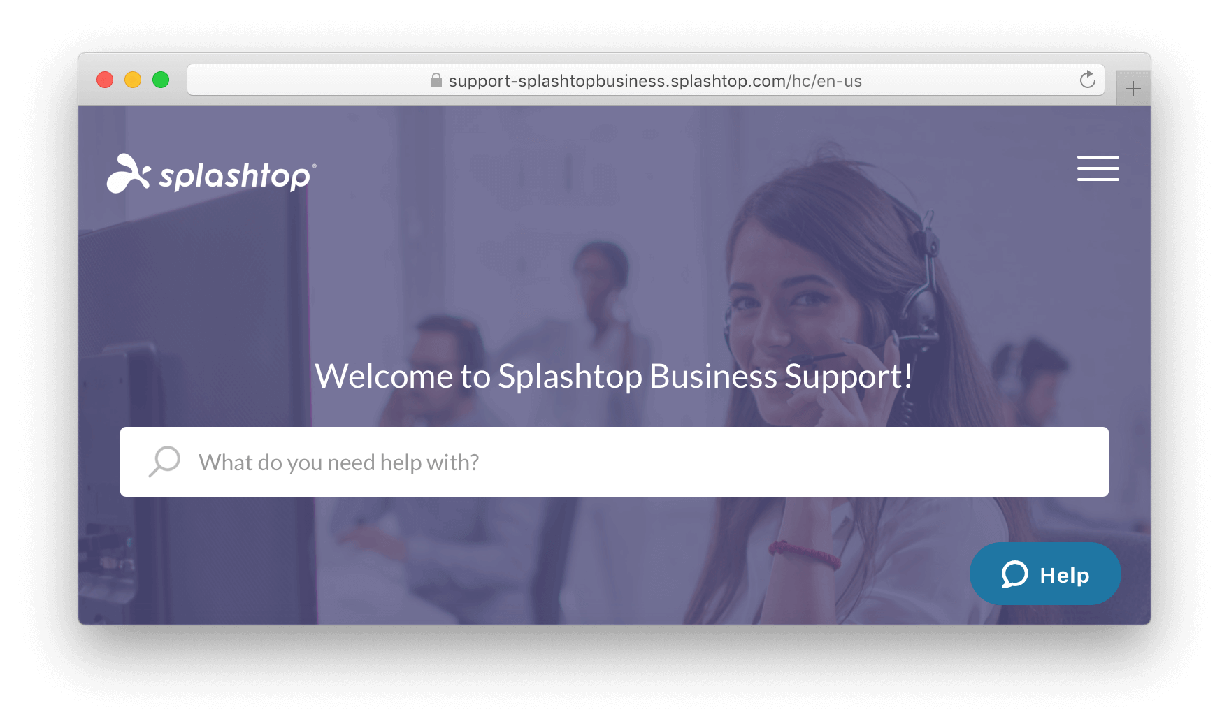 A browser window displays the Splashtop Business Support page, featuring a smiling woman with a headset. A search bar and a blue “Help” button are visible in the foreground.
