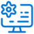 Blue icon of a computer monitor displaying a gear symbol on the left and lines representing text or settings on the right, suggesting configuration or system settings.