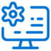 Blue icon of a computer monitor displaying a gear symbol on the left and lines representing text or settings on the right, suggesting configuration or system settings.