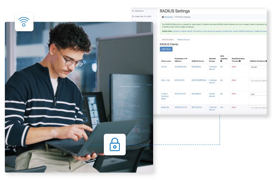 A man in glasses types on a laptop. Beside him, a screen shows RADIUS settings with a list of clients. Icons for Wi-Fi and a lock indicate a focus on secure wireless network configuration.