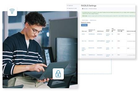 A man in glasses types on a laptop. Beside him, a screen shows RADIUS settings with a list of clients. Icons for Wi-Fi and a lock indicate a focus on secure wireless network configuration.