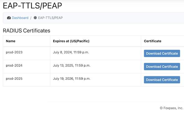 A webpage titled EAP-TTLS/PEAP displays a table of RADIUS Certificates with names, expiration dates, and blue Download Certificate buttons for prod-2023, prod-2024, and prod-2025.