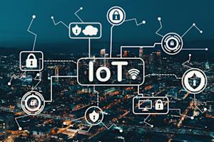 An IoT (Internet of things) network in front of a city at night time.