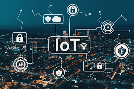 An IoT (Internet of things) network in front of a city at night time.