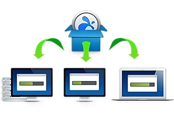 A blue box with a dolphin logo distributes via green arrows to three computers, each displaying a progress bar, suggesting software installation or update across multiple devices.