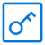 A blue outline of a key inside a blue square border on a white background, representing a symbol for access or security.