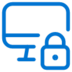 Blue outline of a computer monitor with a padlock in front of it, symbolizing computer security or protected access.