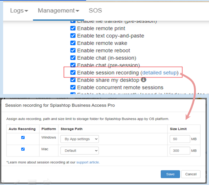 Screenshot showing the option Enable session recording checked in a remote access apps settings, with a pop-up window open below for session recording setup, including storage path and size limits for Windows and Mac.