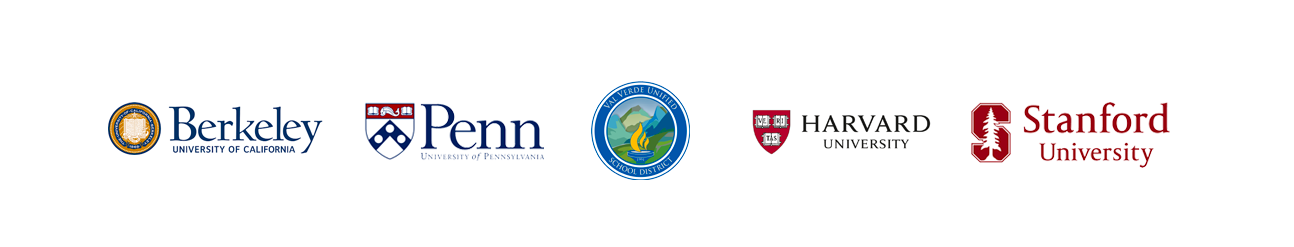 Logos of five universities in a row: UC Berkeley, University of Pennsylvania, UC Santa Cruz, Harvard University, and Stanford University. Each logo features the institutions name and emblem.