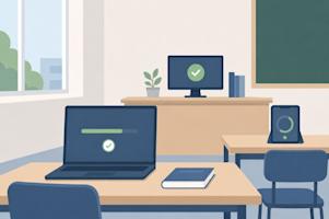 Computers and tablets in a classroom.
