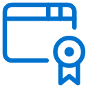 A blue outline icon of a certificate or award with a ribbon, representing credentials or certification.