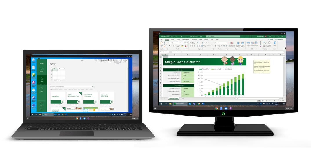 A laptop and a monitor side by side, both displaying spreadsheet applications with charts and data on their screens.