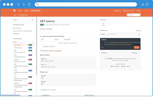 A web browser displays API documentation for the GET /users/ endpoint on the Reqres site, showing request parameters, responses, code examples, and an interface to test the API request.