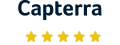 Logo for Capterra — stylized “Capterra” wordmark (deep-blue) to the right of a multi-colored triangular “arrow/compass” icon; with five gold stars below to indicate a five-star badge.
