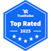 A blue hexagonal badge with the TrustRadius logo, the words Top Rated 2025, and five white stars along the bottom.