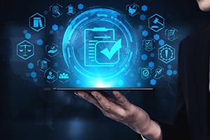 Illustration of remote access compliance with a glowing checkmark, digital icons, and a person holding a tablet.