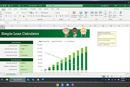 Excel loan calculator with bar chart on a computer screen