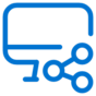 A blue icon of a computer monitor with three connected nodes forming a share symbol in the bottom right corner.