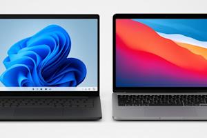 A Windows and Mac computer side-by-side.