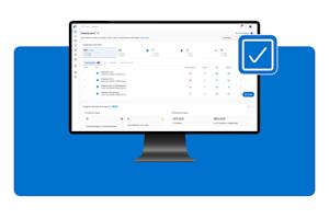 A computer monitor displays a compliance dashboard interface with data tables, summary statistics, and navigation menus. A blue checkmark icon appears beside the monitor on a blue background.