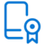 Blue outline icon of a closed book with a round award ribbon attached to the lower right corner, on a light gray background.