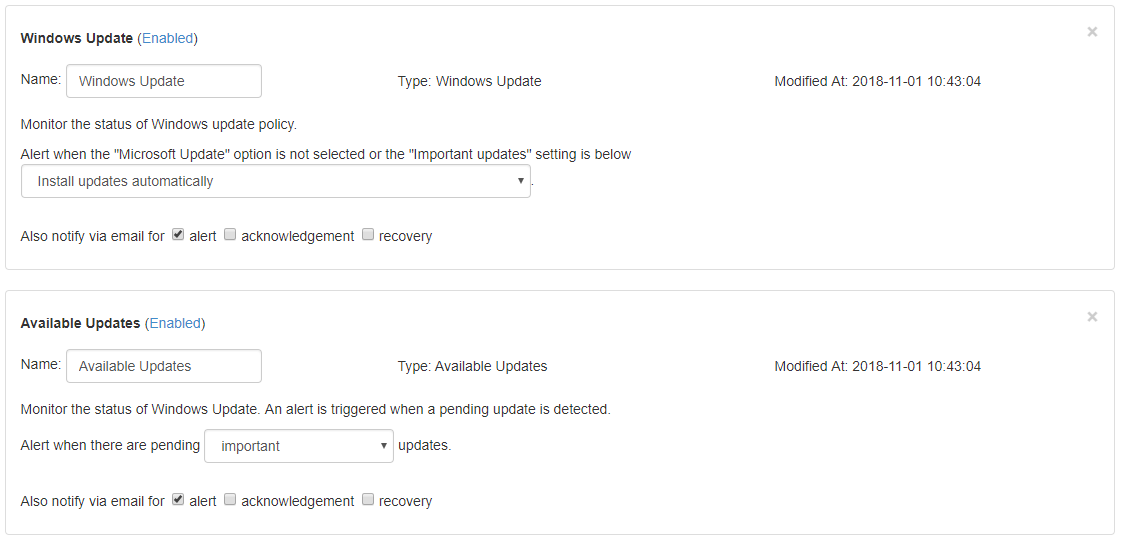 Screenshot of a settings page showing configurations for Windows Update and Available Updates, including options for alerts, update types, notification methods, and modification timestamps.