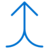 A blue icon shows two curved lines merging upward into a single straight arrow pointing up, symbolizing merging or combining paths, on a light gray background.
