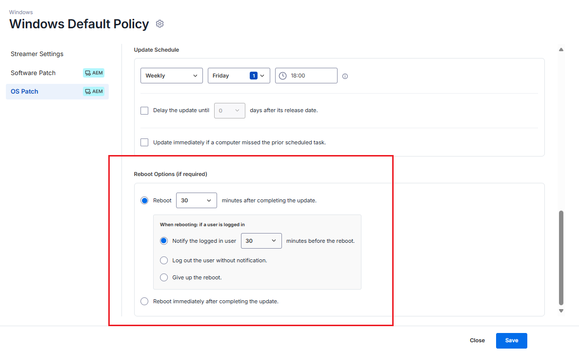 Configuring reboot behavior in Splashtop AEM.