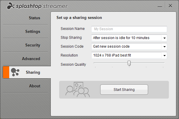 Splashtop Streamer interface for setting up a sharing session with options to name the session