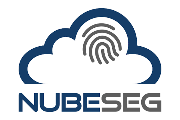 Logo featuring a blue cloud outline with a gray fingerprint inside. Below the cloud, the word NUBESEG appears in bold, modern blue and gray letters.