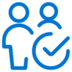 Two blue outlined human figures, one in front of the other, with a blue checkmark inside a circle in the lower right corner, all on a light gray background.