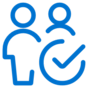 Two blue outlined human figures, one in front of the other, with a blue checkmark inside a circle in the lower right corner, all on a light gray background.