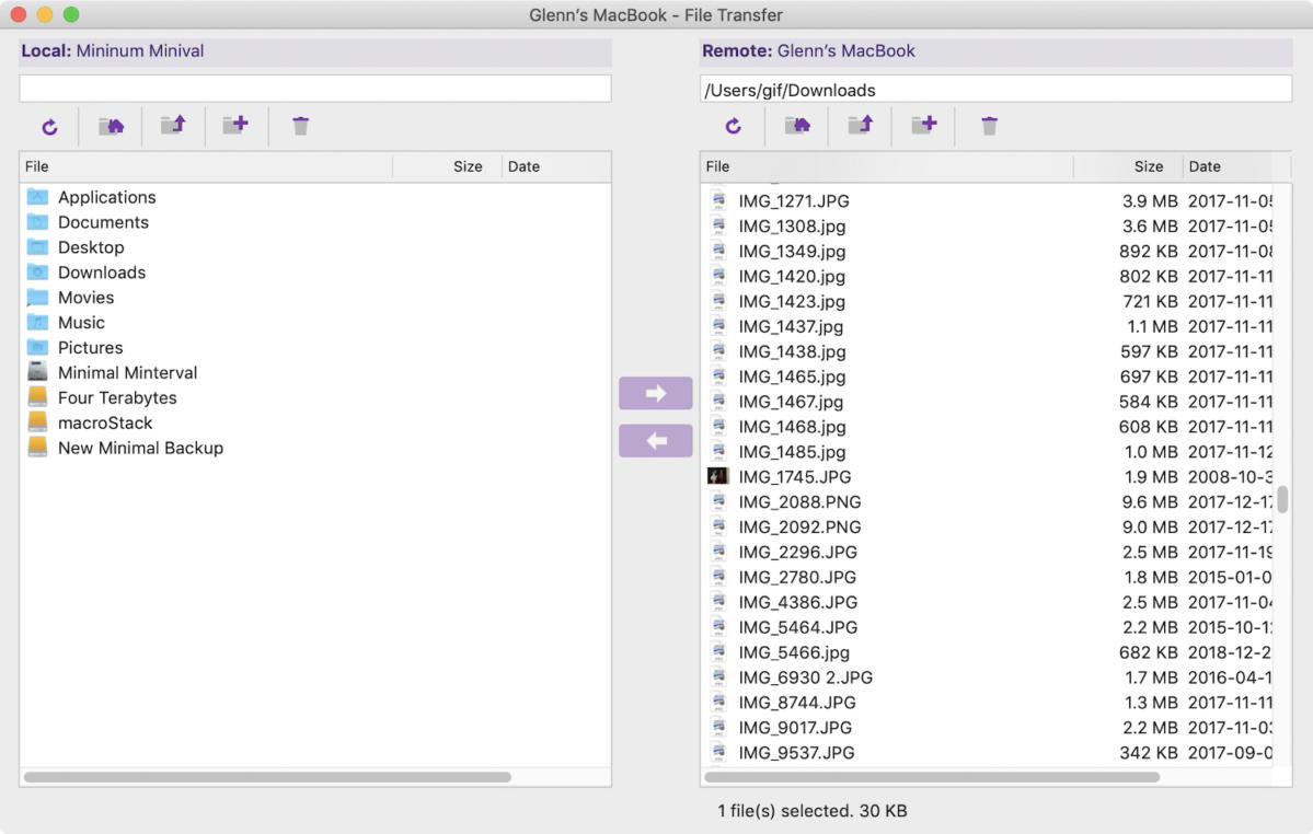 A file transfer window showing two panels: the left lists folders like Applications and Documents, while the right lists image files (IMG_...) with details such as size and date, and a file is selected for transfer.