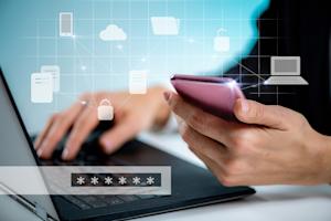 Someone using a smartphone and laptop with security icons, illustrating network level authentication (NLA) for secure remote access.