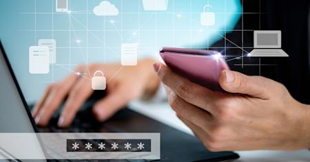 Someone using a smartphone and laptop with security icons, illustrating network level authentication (NLA) for secure remote access.