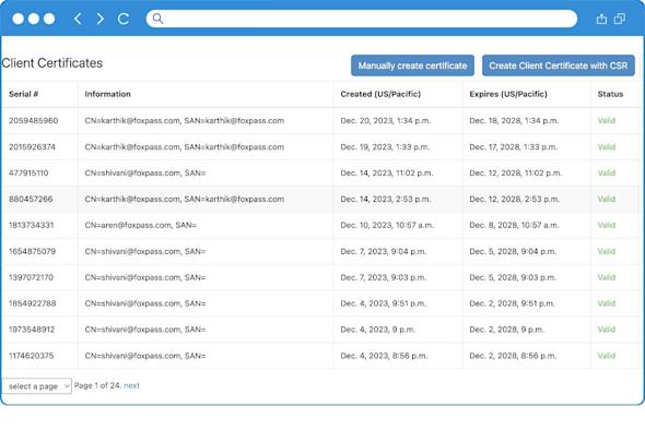 A dashboard listing client certificates with columns for serial number, information, creation and expiration dates, and status. All certificates shown are marked valid. Two buttons for creating certificates are at the top right.