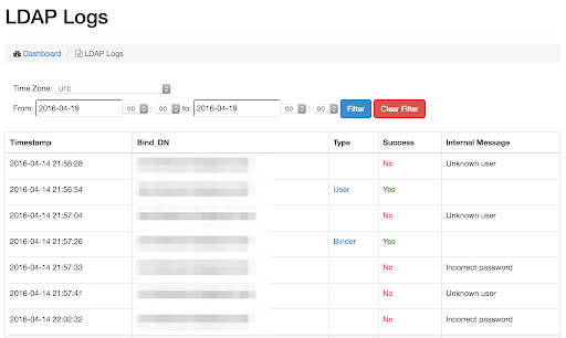 Screenshot of the LDAP logs feature