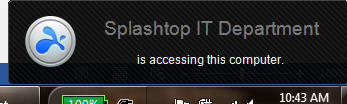Notification stating 'Splashtop IT Department is accessing this computer' displayed on a computer screen