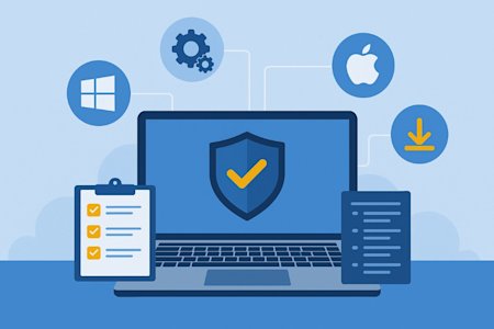 A computer surrounded by system icons representing software updates, automation, and device security, symbolizing patch management for small IT teams.