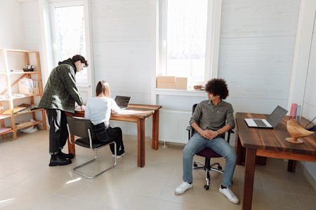 Employees in a small business office working on their computers.