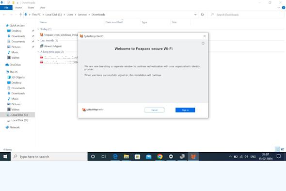 A Windows desktop shows a folder with downloaded files. A pop-up window from Sophossetup.msi displays a message titled Welcome to Foxpass secure Wi-Fi with Cancel and Sign in buttons.