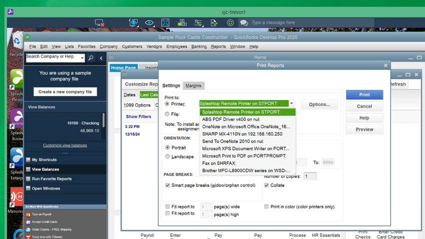 Computer screen showing QuickBooks Desktop Pro 2020 with the Print Reports window open. The user is selecting a printer from a list. Several desktop icons and a green remote desktop bar are visible at the top.