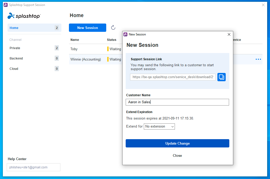 The screen displays a support session link and options to extend expiration, with existing sessions for Technicians in the queue