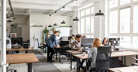 Coworkers working in an office at their computers.