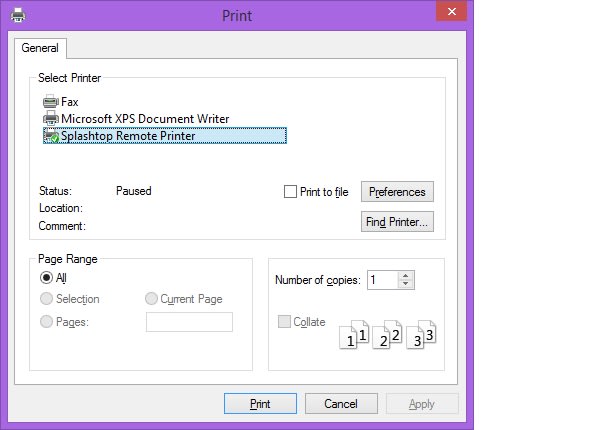 Print dialog box with options to select a printer, including Fax, Microsoft XPS Document Writer, and Splashtop Remote Printer. Additional settings for status, preferences, page range, and number of copies are visible.