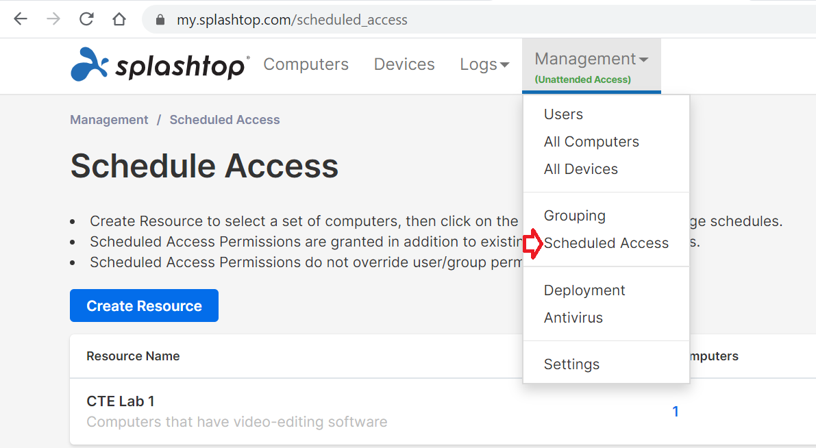 A screenshot of the Splashtop web interface shows the Schedule Access page. The Management menu is open, highlighting Scheduled Access in a dropdown. The page lists a resource named CTE Lab 1.