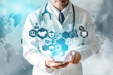 A doctor using Splashtop's remote desktop software to ensure cybersecurity.