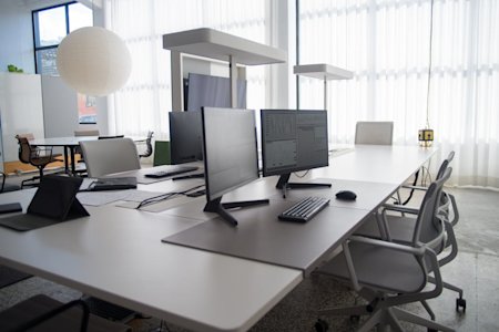 Computers in an office space.