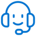 Simple blue line drawing of a smiling face wearing a headset with a microphone, symbolizing customer support or call center assistance, on a light gray background.