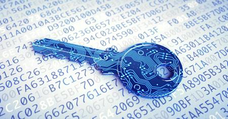 Digital key over encrypted data background, representing TLS encryption and cybersecurity.